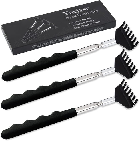 Yexixsr 3 Pack Extendable Metal Back Scratcher for Men & Women, Telescoping Back Massager with Rubber Handles