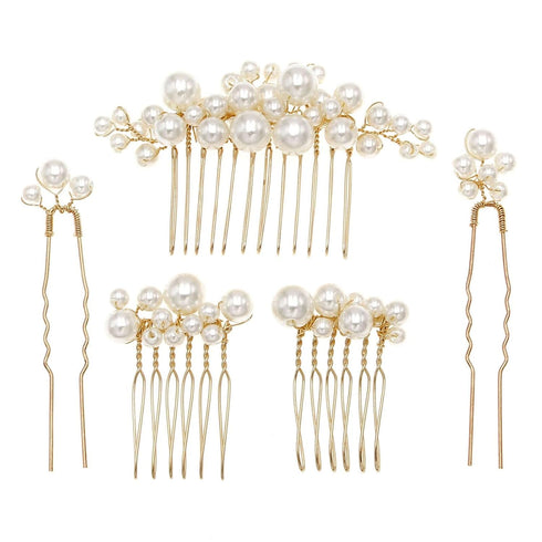 Set of 5 PCS Wedding Pearl Hair Combs - Elegant Accessories for Bridal Women (Gold)