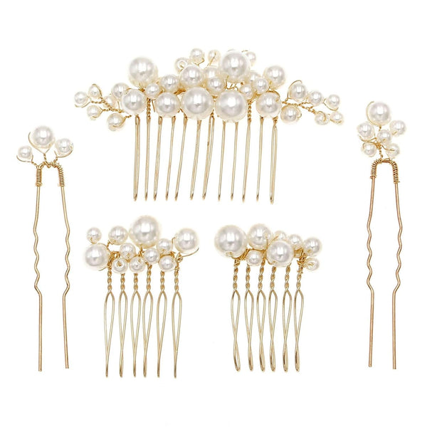 Set of 5 PCS Wedding Pearl Hair Combs - Elegant Accessories for Bridal Women (Gold)