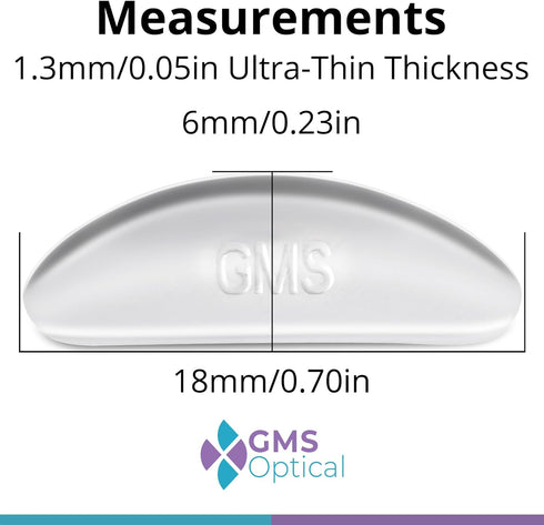 GMS Optical Anti-Slip Adhesive Contoured Silicone Eyeglass Nose Pads - 1.3mm Extra-Thin, 18mm Large-Length (Clear) (10