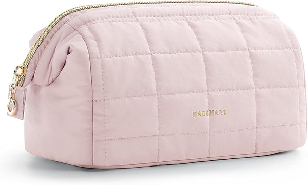 BAGSMART Makeup Bag, Travel Cosmetic Organizer Case, Puffy Padded Makeup Bags for Women, Pink