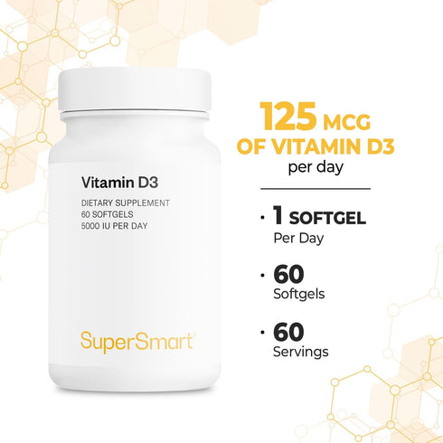 Supersmart Vitamin D3 5000 IU per Day, 125mcg, High Potency & Bioavailability, Non-GMO & Gluten Free, 60 Softgels