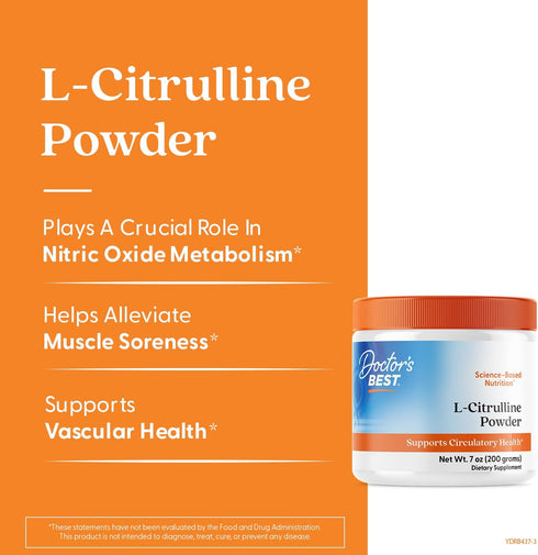 Doctors Best L-Citrulline Powder, Supports Circulatory Health, Non-GMO, Gluten Free, Vegan, 7 oz (200 Grams)