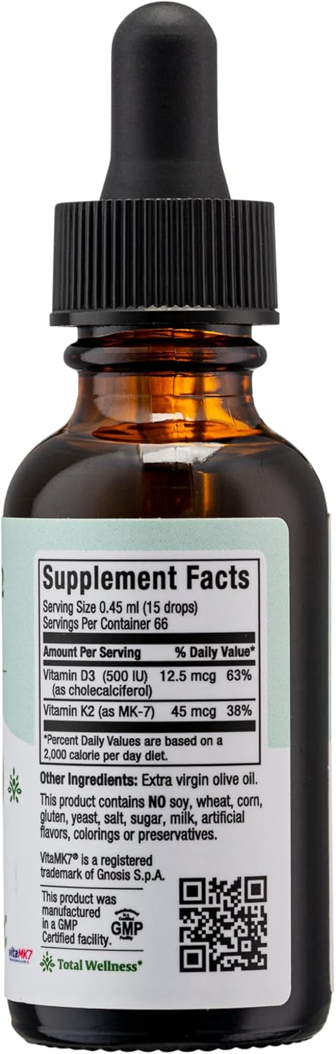 Maxi Health Liquid Vitamin D3 with K2 Drops, 1 fl oz Vitamin Supplement for Long-Term Health