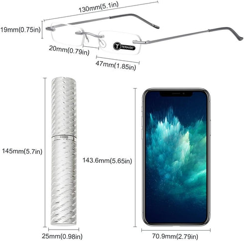 TERAISE Upgrade Lightweight Frameless Reading Glasses for Men and Women with Pen Clip Tube Case