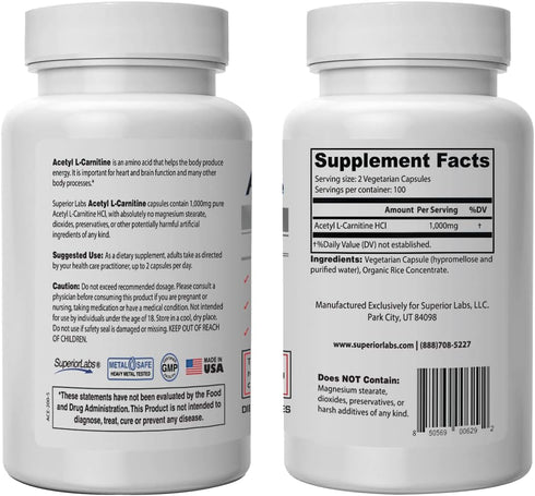 Superior Labs Acetyl L-Carnitine 1000mg, 200 Caps: Maximum Absorption, Pure Vegetable Capsules, Zero Synthetic Additives