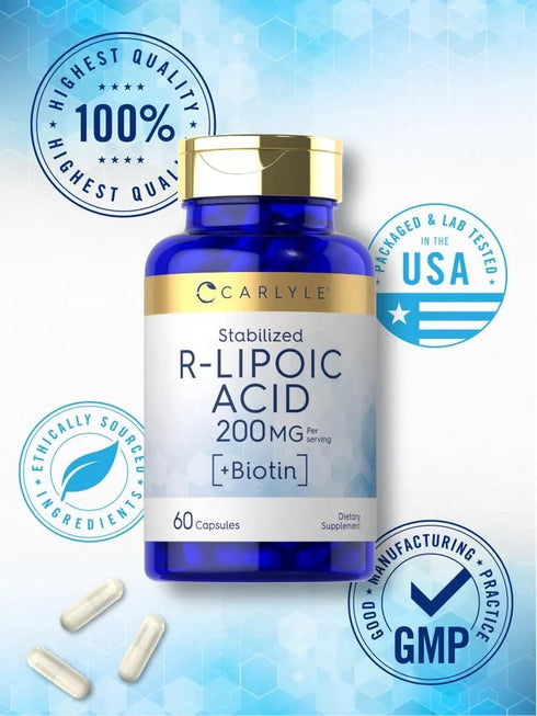 Carlyle R-Lipoic Acid 200mg, 60 Capsules, Stabilized R-Lipoic Acid with Biotin, Non-GMO, Gluten Free