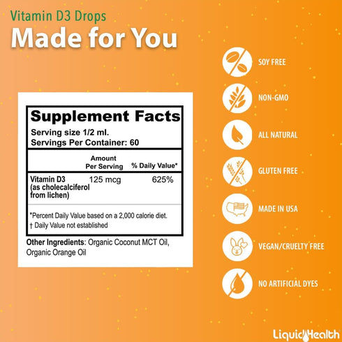 LIQUIDHEALTH Liquid Vitamin D3 5000 IU, Ultra Concentrated Drops for Adults & Kids, Vegan, Immune Support - 2 Pack