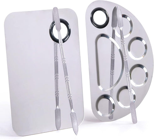 Makeup Mixing Palette, Stainless Steel Metal Foundation Palette with Spatula, 6×4"/Silver, 2pcs for Nail-Art