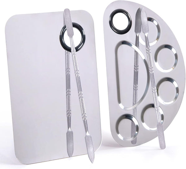 Makeup Mixing Palette, Stainless Steel Metal Foundation Palette with Spatula, 6×4"/Silver, 2pcs for Nail-Art