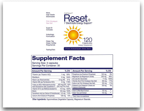 Reset+ 7 Energy Electrolytes - Methylated B12, Pink Salt, Magnesium, Potassium, Green Tea & Green Coffee Extracts,
