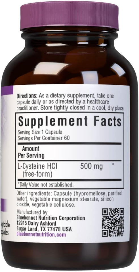 Bluebonnet Nutrition L-Cysteine 500mg, 60 Vegetable Capsules, Promotes Healthy Skin, Hair, Nails