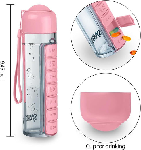 ideable creations 7-Day Pillbox 400ml Synergy Water Bottle & Pill Organizer - Travel Storage Container for Water