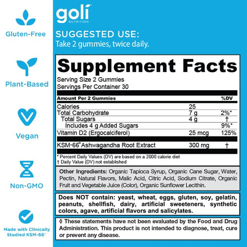 Goli Ashwagandha & Vitamin D Gummy, 60 Count, Mixed Berry, Vegan, Plant Based, Relax, Restore, Unwind