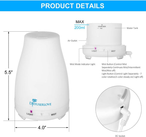Diffuserlove 2 Pack Essential Oil Diffuser 200ML, Remote Control Ultrasonic Aromatherapy Humidifiers for Office
