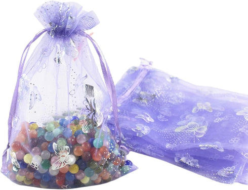 QIANHAILIZZ 5 x 7 Inch 100 Liac Butterfly Organza Jewelry Gift Pouch, Candy Pouch Drawstring Wedding Favor Bags