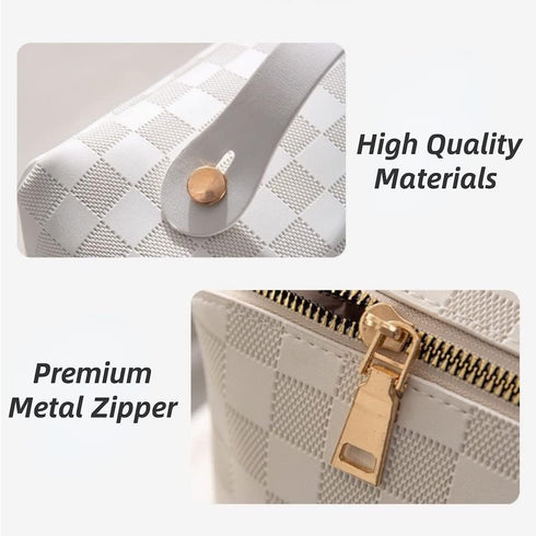 Large Capacity Checkered Makeup Bags, Portable Open-Flat Toiletry Waterproof Bag for Women with Divider and Handle