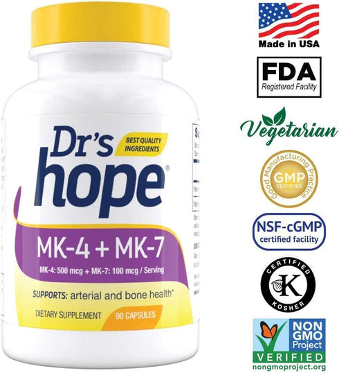Vitamin K2-90 Capsules with 500 mcg MK4 + 100 mcg MK7 | Bone and General Health Support | High-Potency K-2 Vitamins