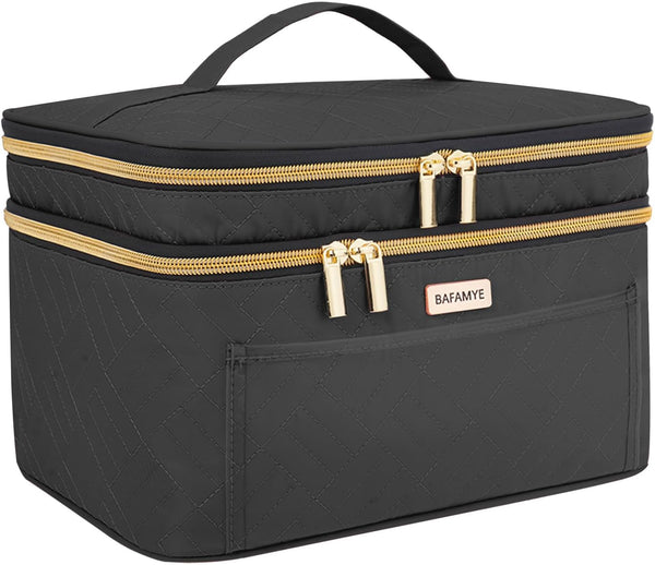 8.8L Double Layer Travel Makeup Bag, Large Cosmetic Case for Travel-Size Accessories, Brushes, and Skin Care - Black