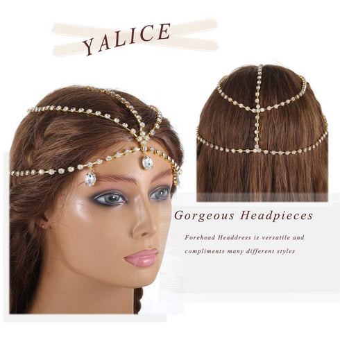 Yalice Gold Layered Rhinestone Head Chain Jewelry, Sparkly Bridal Headpieces for Women and Girls