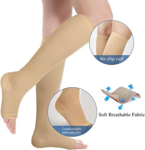 3 Pairs Open Toe Compression Socks for Women, Knee High Toeless 15-25 mmHg (S/M)