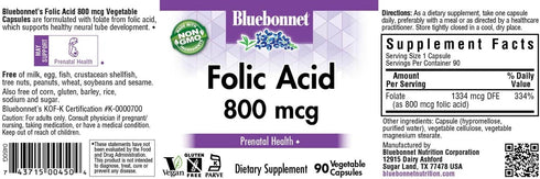 BlueBonnet Nutrition Folic Acid 800mcg, Healthy Neurological Development*, Soy-Free, Gluten-Free, Non-GMO, Kosher Certified, Dairy-Free, Vegan, 90 Vegetable Capsules