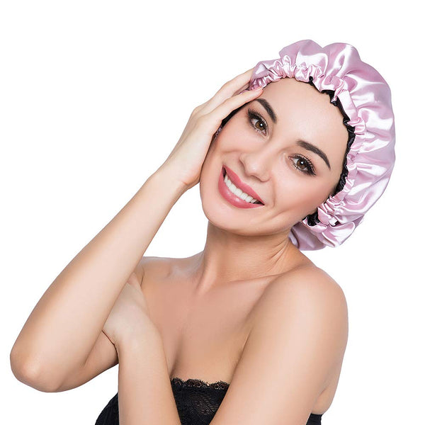Stain Bonnet Silky Sleep Cap Adjustable Satin Cap for Night Sleeping - Reversible Double Layer Light Purple/Black