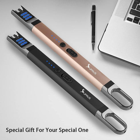 SUPRUS Electric Arc Lighter, Windproof Flameless USB Rechargeable Candle Lighter with LED Light (Black+Champagne Gold)