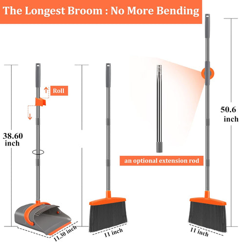 Broom and Dustpan Set for Home, Combo for Office with Long Handle Broom & Upright Standing Dustpan (Gray & Orange)