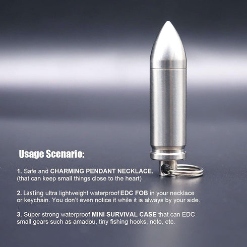 Small Pill Box Titanium Pill Fob Necklace, Mini Waterproof Keychain Holder for Men & Women (TC02 Bullet Pendant)