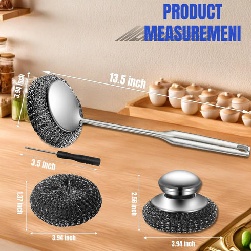 Yajouwin 7Pcs Set 1 Brushes,1 Brushes,4 Pads,1 Steel Wool Scrubber with Handle: Stainless Steel Scrubber Brush Long
