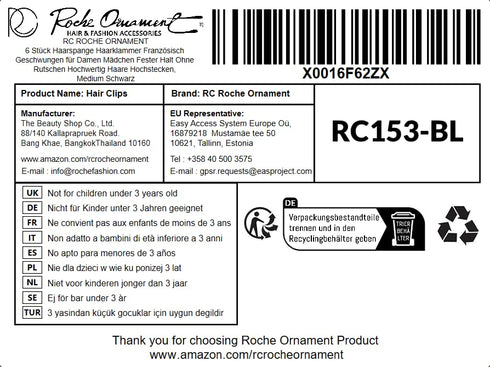 RC ROCHE ORNAMENT 6 Pcs French Concord Hair Clip - Curved Thick or Thin Hair for Women - No Slip Grip Hold