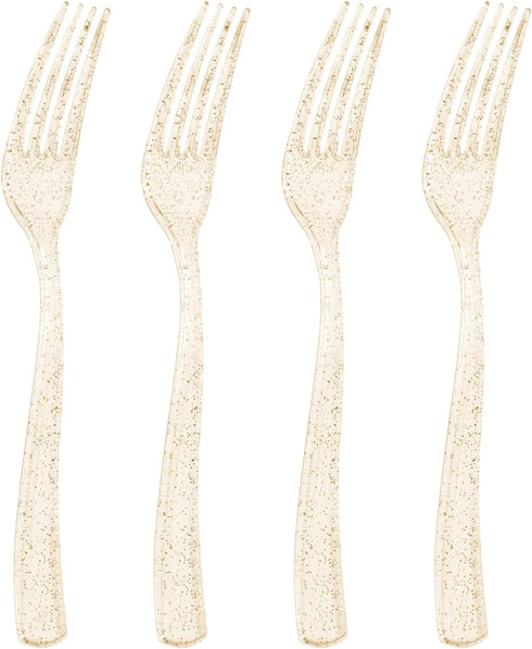 Goodluck 150 Pack Gold Glitter Plastic Forks, Heavy Duty Disposable Cutlery Perfect for Weddings and Parties