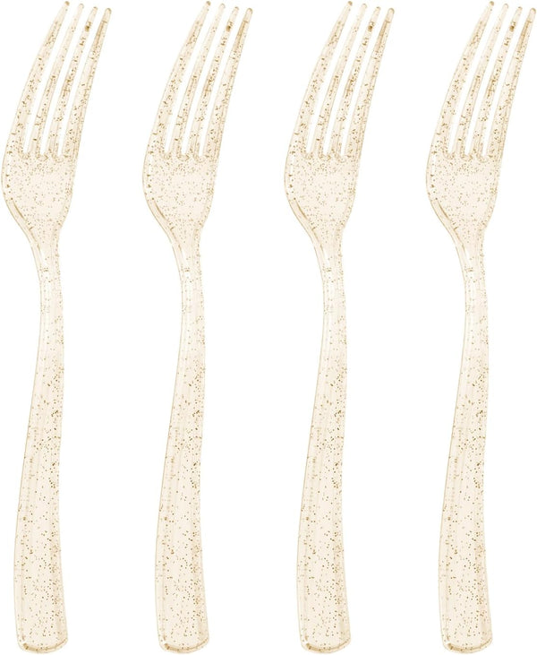 Goodluck 150 Pack Gold Glitter Plastic Forks, Heavy Duty Disposable Cutlery Perfect for Weddings and Parties