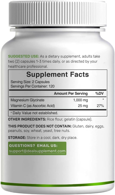 Magnesium Glycinate Plus Vitamin C – 100% Chelated for Absorption – Essential Mineral Supplement for Muscle, Mood, Sleep, & Heart Health
