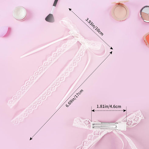 Lace Hair Bow with Long Tail Coquette Bows - Elegant White Ribbon Hair Accessory Hair Ribbons for Women (A Pair)