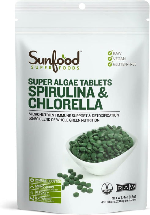 Sunfood Chlorella Spirulina Tablets - Vegan Green Algae Supplement, 2 oz Bag, Rich in Chlorophyll, Broken Cell Wall