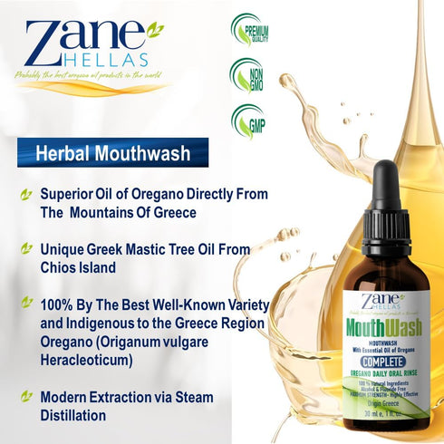 Zane Hellas MouthWash | Oral Rinse with Oregano Oil | Ideal for Gingivitis, Plaque, Dry Mouth, Bad Breath | 1