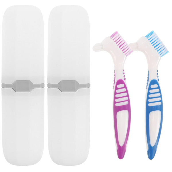 Healeved 2 Sets Denture with Toothbrush Cases, Small Double-Side Assorted Color Denture Cleaning