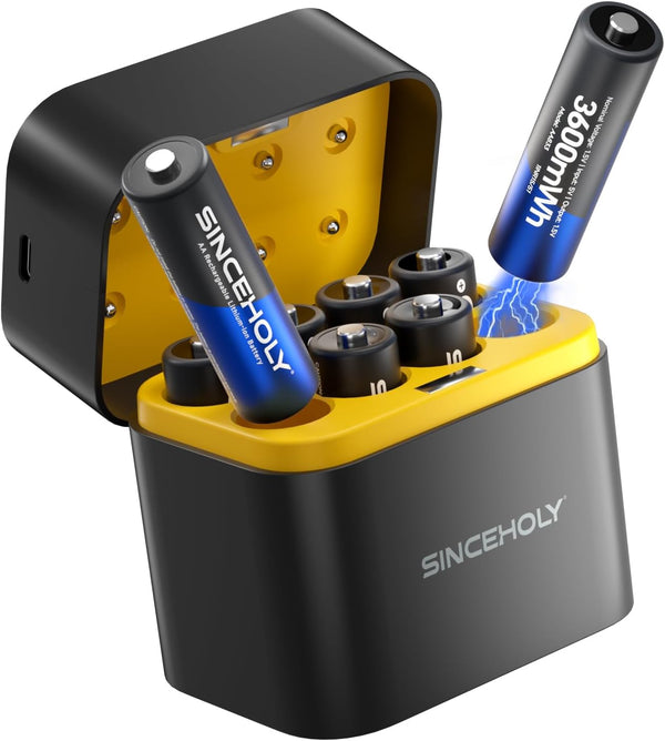 SINCEHOLY 8 Pack Rechargeable Lithium AA Batteries with Fast Charger, 1.5V High Power