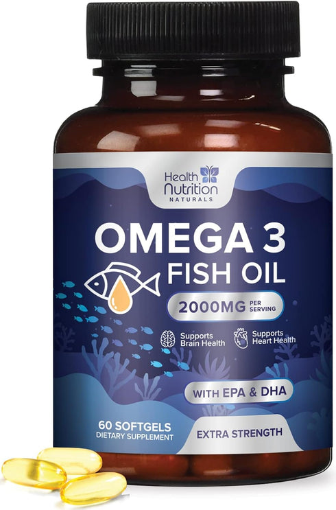 Omega 3 Fish Oil Triple Strength 2000 mg Softgels | 60 Fish Oil Softgels | Natural Brain Heart Joint Health & Immune