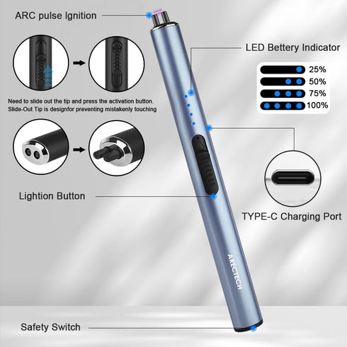 ARECTECH Electric Candle Lighter Rechargeable Arc Plasma Lighters for Kitchen Camping Christmas Type-C Blue