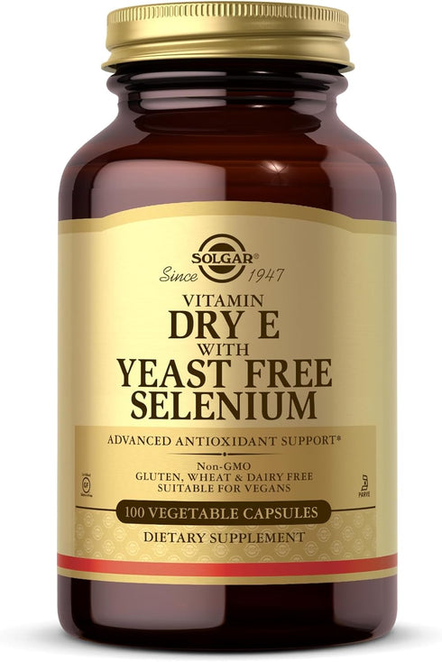 Solgar Dry Vitamin E with Yeast-Free Selenium - 100 Vegetable Capsules - Advanced Antioxidant Support, Non-GMO