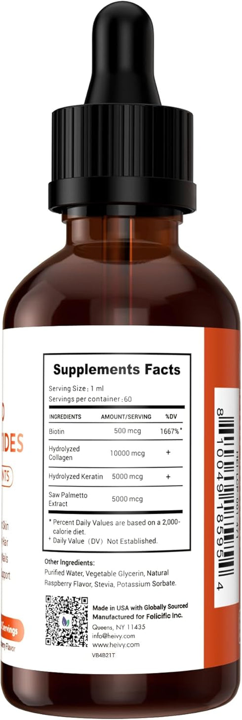 Liquid Collagen for Women, 4-in-1 Collagen Peptides with Biotin, 25000 MCG Drops, Raspberry Flavor
