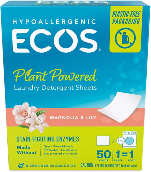 ECOS Laundry Detergent Sheets, No Plastic Jug, Vegan, Hypoallergenic, Plant Powered, Magnolia & Lily, 50 Count