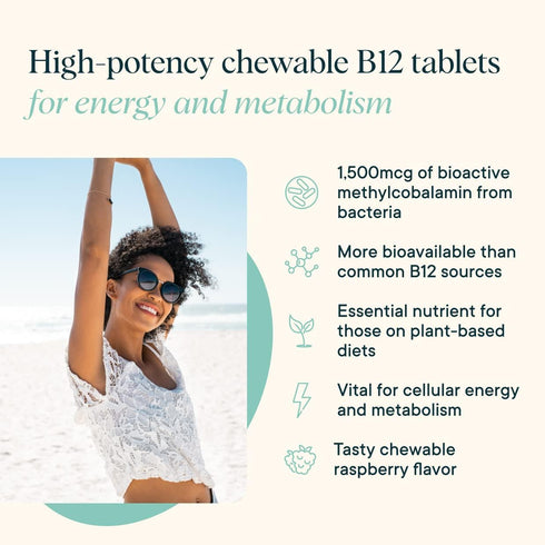 Ora Organic Vitamin B12 1500mcg - Plant-Based Methylcobalamin for Adults, Raspberry Flavor Chewable Tablets - 30 Count