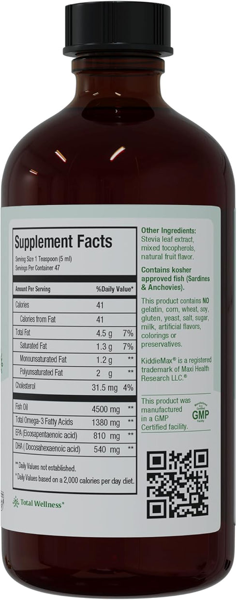 Maxi Omega-3 for Kids - Omega 3 Fish Oil Liquid for Kids with DHA and EPA Fatty Acids - Natural Fruity Burst Flavor - Kosher Certified - Made in USA Childrens DHA Kids Fish Oil Supplement, 8 fl. Oz.