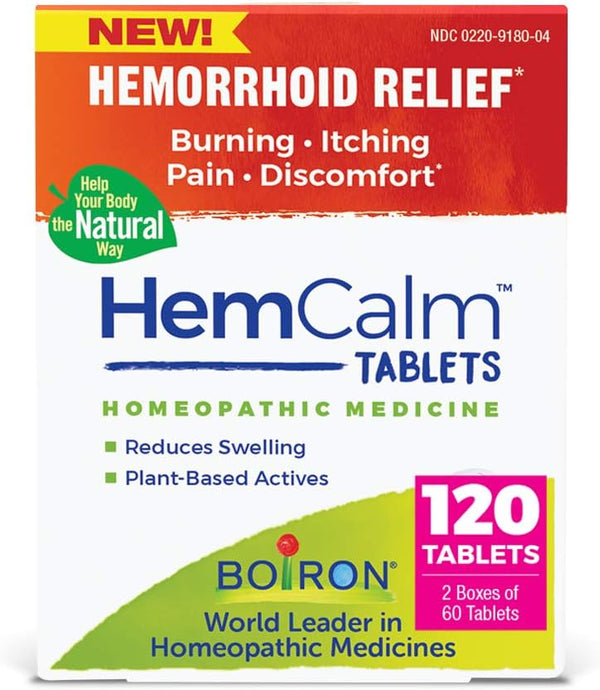 Boiron HemCalm Tablets for Hemorrhoid Relief - 120 Count for Pain, Itching, Swelling