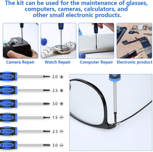 Upgraded Eyeglass Repair Kit with Precision Screwdriver Set, Various Screws, Nose Pads, and Tweezers