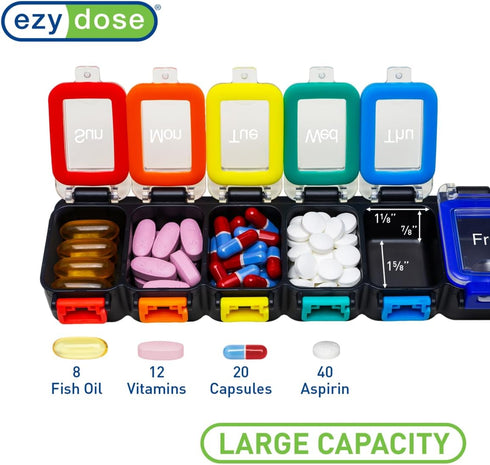 EZY DOSE Weekly Pill Planner - 7-Day Medicine Case, Waterproof Organizer Box with Locking Compartments, Rainbow